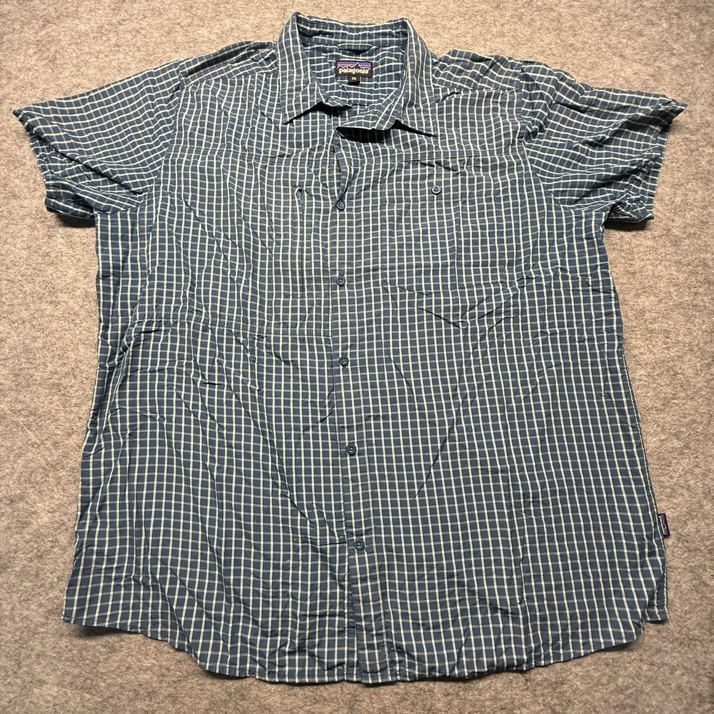 Patagonia Button Up Shirt Mens 2XL Vented Nylon Tencel Blue Check Plaid